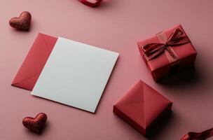 A romantic arrangement of flowers, hearts, and a gift near a blank card for heartfelt messages photo