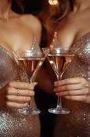 Two friends celebrating with cocktails at a stylish party dressed in sparkling outfits photo