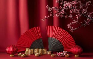 Elegant red fan and decorative elements with cherry blossoms for a festive celebration photo