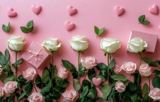 Delicate white roses and pink gifts arranged around a heart-themed backdrop for a special occasion photo