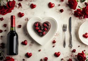 Romantic dinner setting with red roses, heart-shaped dessert, and wine for a special occasion photo