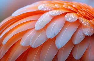 Close-up of delicate orange and white feathers glistening with raindrops in a natural setting photo
