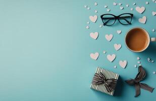 A cozy workspace setup with coffee, gift, glasses, and heart-shaped decorations on blue background photo