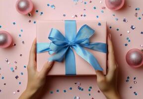 Hands holding a beautifully wrapped blue gift box with a satin ribbon on a light blue background photo