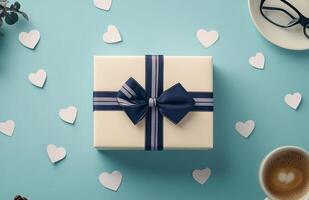 A beautifully wrapped gift with a navy bow surrounded by heart-shaped decorations on a table photo