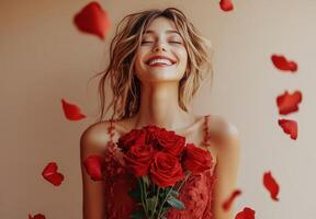 A joyful woman celebrates with red roses and falling petals in a warm, softly lit setting photo
