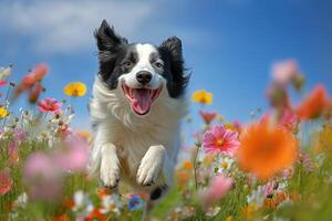 Happy dog joyfully leaps through a vibrant flower field under a bright blue sky photo