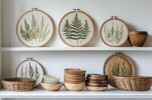Decorative display of fern embroidery in rustic frames on a kitchen shelf with plants and dishes photo