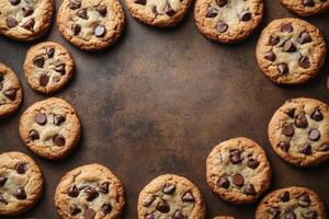 Freshly baked chocolate chip cookies arranged on a rustic baking surface for a cozy treat photo
