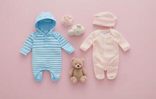 Sweet baby clothes and toys arranged on a soft pink background for a charming nursery display photo