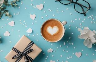 A cozy workspace setup with coffee, gift, glasses, and heart-shaped decorations on blue background photo