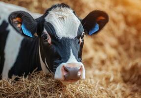 Calf resting comfortably in a straw-filled barn during the afternoon in rural countryside photo
