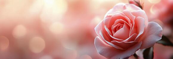 A delicate pink rose blooming against a soft, dreamy background with warm bokeh lights photo