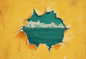 Artistic torn paper revealing tranquil ocean view with bright yellow background photo