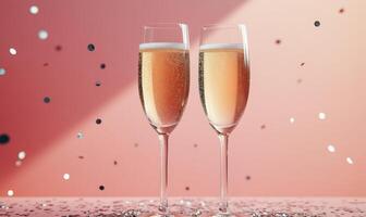 Celebratory sparkling drinks in elegant flutes on a pink backdrop with confetti scattered around photo