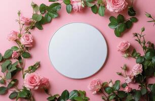 Delicate pink roses surrounding a blank circular platform on a soft pink backdrop photo