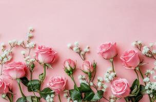 Beautiful arrangement of pink roses and white flowers on pastel background for a floral design photo