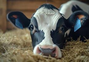 Calf resting comfortably in a straw-filled barn during the afternoon in rural countryside photo