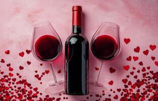 Romantic wine setup with two glasses and heart confetti on a pink background for special occasions photo