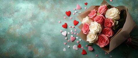 Beautiful bouquet of pink and white roses surrounded by heart-shaped confetti on a teal background photo