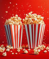 Crunchy popcorn in striped boxes arranged on a vibrant red background with scattered pieces photo