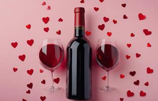 Romantic wine setup with two glasses and heart confetti on a pink background for special occasions photo