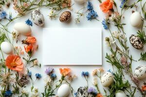 Springtime arrangement of colorful eggs and wildflowers on a rustic surface in bright daylight photo