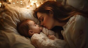 A mother gently kisses her baby while relaxing in a softly lit bedroom at night photo