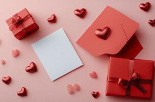 Red envelope and blank card on pink background for love letter or special occasion photo