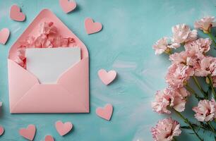 A pink envelope with hearts and flowers arranged beautifully for a romantic celebration photo