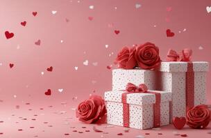 Celebratory gift boxes with roses and heart decorations for a romantic occasion photo