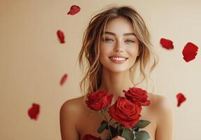 Woman smiling joyfully while holding a bouquet of red roses with rose petals falling around her photo