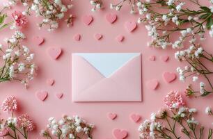 A beautiful arrangement of pink flowers and hearts surrounding a pink envelope on a soft background photo