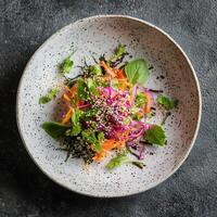 Colorful salad with fresh vegetables and herbs served in a stylish bowl on a dark surface photo