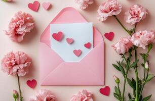 A pink envelope with hearts and flowers arranged beautifully for a romantic celebration photo