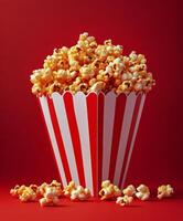 Delicious freshly popped popcorn in a striped container against a vibrant red background photo