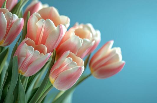 delicado rosado y blanco tulipanes arreglado esmeradamente en contra un suave azul antecedentes en primavera foto