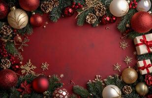 Festive Christmas decorations with ornaments and gifts arranged on a red background photo