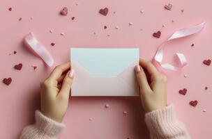 Hands holding a pink envelope on a pink surface decorated with hearts and ribbons photo