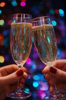 Two friends celebrating with cocktails at a stylish party dressed in sparkling outfits photo