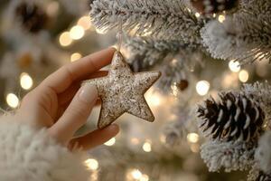 Decorating a festive tree with a handmade star ornament during the holiday season photo