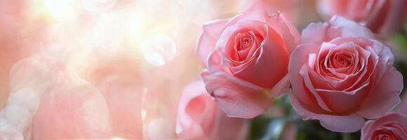 Delicate pink roses in soft morning light with a serene blurred background photo