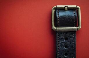 A close-up of a black leather belt with a brass buckle against a smooth red background photo