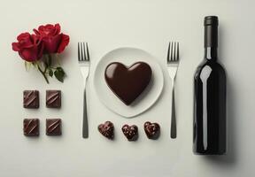 Romantic dinner setup with red roses, chocolates, and wine for a special occasion photo