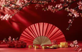 Elegant red fan and decorative elements with cherry blossoms for a festive celebration photo