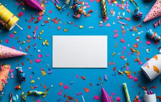 Festive celebration setup with colorful party hats and confetti on a bright blue background photo