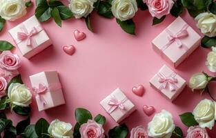 Delicate white roses and pink gifts arranged around a heart-themed backdrop for a special occasion photo