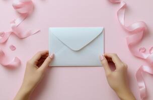 Creating a lovely gift envelope with pink ribbons and romantic decorations on a pastel background photo