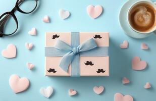 A beautifully wrapped gift with a navy bow surrounded by heart-shaped decorations on a table photo