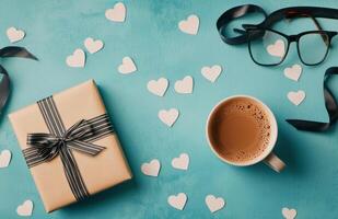 A cozy workspace setup with coffee, gift, glasses, and heart-shaped decorations on blue background photo